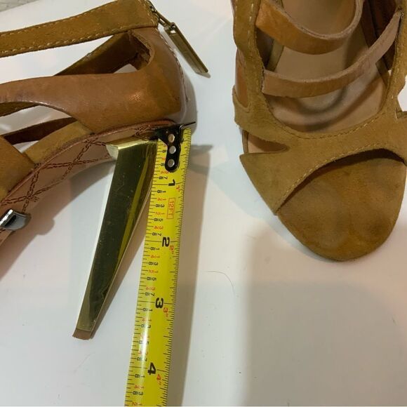 L.A.M.B. Tan Leather And Suede Strappy Sandals With Gold Heel Size 6 M - Picture 14 of 15